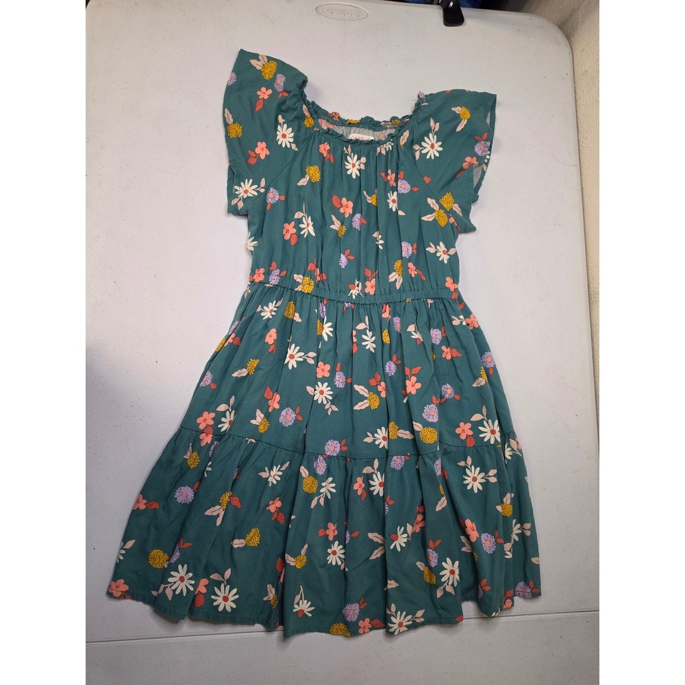 Cat & Jack Girls Teal Floral Tiered Flutter Sleeve Dress Size L 10/12 Rayon